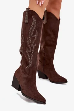 Online Boto Kozaki Kowbojki Damskie Ze Zdobieniem Na Słupku Czekoladowe Jovina Brązowy