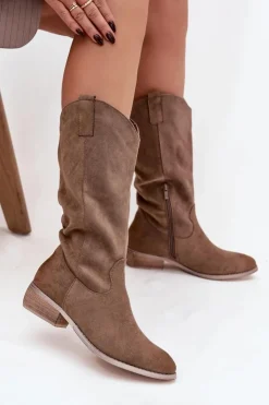 Discount Boto Kozaki Kowbojki Na Niskim Obcasie Z Eko Zamszu Ciemnobeżowe Cherrie Beżowy