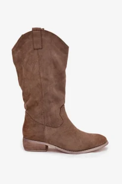 Discount Boto Kozaki Kowbojki Na Niskim Obcasie Z Eko Zamszu Ciemnobeżowe Cherrie Beżowy