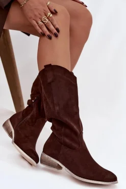 Damskie Boto Kozaki Kowbojki Na Niskim Obcasie Z Eko Zamszu Czekoladowe Cherrie