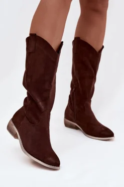 Damskie Boto Kozaki Kowbojki Na Niskim Obcasie Z Eko Zamszu Czekoladowe Cherrie