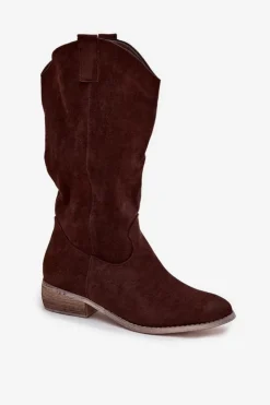 Damskie Boto Kozaki Kowbojki Na Niskim Obcasie Z Eko Zamszu Czekoladowe Cherrie