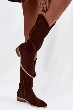 Damskie Boto Kozaki Kowbojki Na Niskim Obcasie Z Eko Zamszu Czekoladowe Cherrie