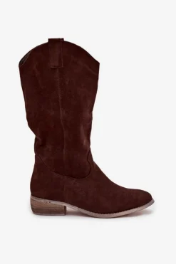 Damskie Boto Kozaki Kowbojki Na Niskim Obcasie Z Eko Zamszu Czekoladowe Cherrie