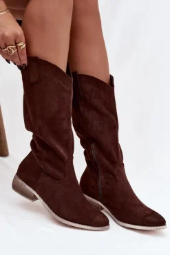 Damskie Boto Kozaki Kowbojki Na Niskim Obcasie Z Eko Zamszu Czekoladowe Cherrie