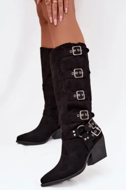 Sale Boto Kozaki Kowbojki Na Słupku Z Klamrami Czarne Fivelle Czarny