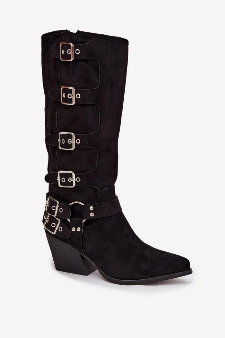 Sale Boto Kozaki Kowbojki Na Słupku Z Klamrami Czarne Fivelle Czarny