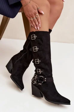 Sale Boto Kozaki Kowbojki Na Słupku Z Klamrami Czarne Fivelle Czarny