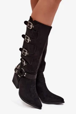 Sale Boto Kozaki Kowbojki Na Słupku Z Klamrami Czarne Fivelle Czarny