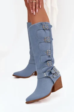 Damskie Boto Kozaki Kowbojki Na Słupku Z Klamrami Jeansowe Fivelle