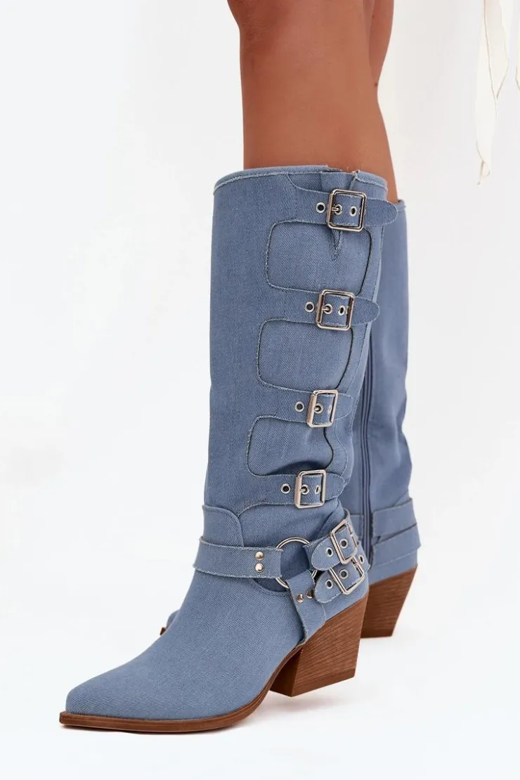 Damskie Boto Kozaki Kowbojki Na Słupku Z Klamrami Jeansowe Fivelle