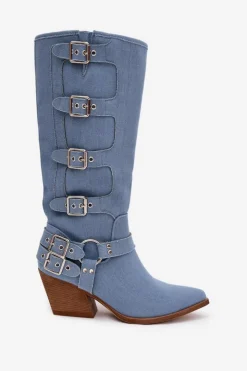 Damskie Boto Kozaki Kowbojki Na Słupku Z Klamrami Jeansowe Fivelle