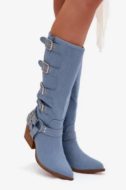 Damskie Boto Kozaki Kowbojki Na Słupku Z Klamrami Jeansowe Fivelle