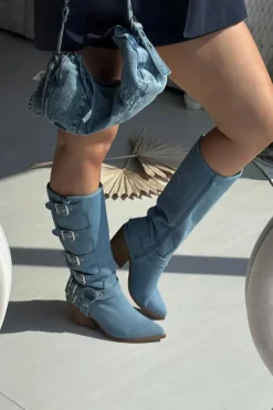 Damskie Boto Kozaki Kowbojki Na Słupku Z Klamrami Jeansowe Fivelle