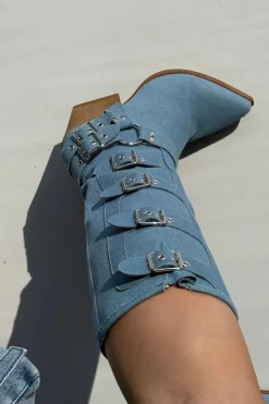 Damskie Boto Kozaki Kowbojki Na Słupku Z Klamrami Jeansowe Fivelle