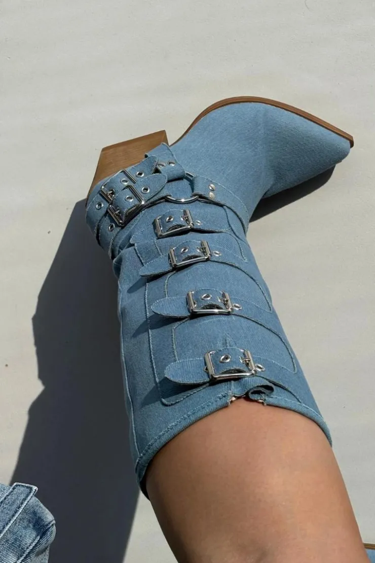 Damskie Boto Kozaki Kowbojki Na Słupku Z Klamrami Jeansowe Fivelle