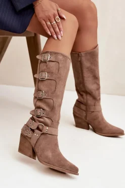 Boto Kozaki Na Słupku|Kozaki Przed Kolano*Kozaki Kowbojki Na Słupku Z Klamrami Ciemnobeżowe Fivelle Beżowy