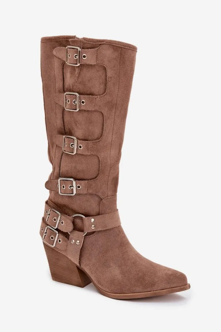 Boto Kozaki Na Słupku|Kozaki Przed Kolano*Kozaki Kowbojki Na Słupku Z Klamrami Ciemnobeżowe Fivelle Beżowy