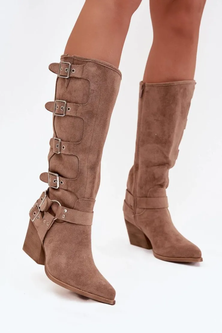 Boto Kozaki Na Słupku|Kozaki Przed Kolano*Kozaki Kowbojki Na Słupku Z Klamrami Ciemnobeżowe Fivelle Beżowy