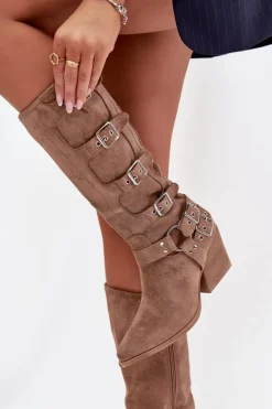 Boto Kozaki Na Słupku|Kozaki Przed Kolano*Kozaki Kowbojki Na Słupku Z Klamrami Ciemnobeżowe Fivelle Beżowy