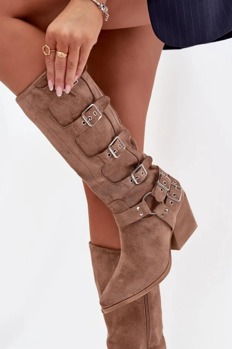 Boto Kozaki Na Słupku|Kozaki Przed Kolano*Kozaki Kowbojki Na Słupku Z Klamrami Ciemnobeżowe Fivelle Beżowy