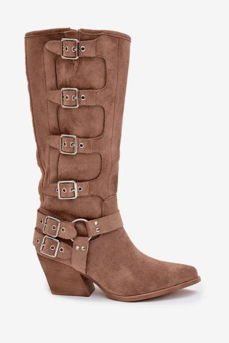 Boto Kozaki Na Słupku|Kozaki Przed Kolano*Kozaki Kowbojki Na Słupku Z Klamrami Ciemnobeżowe Fivelle Beżowy