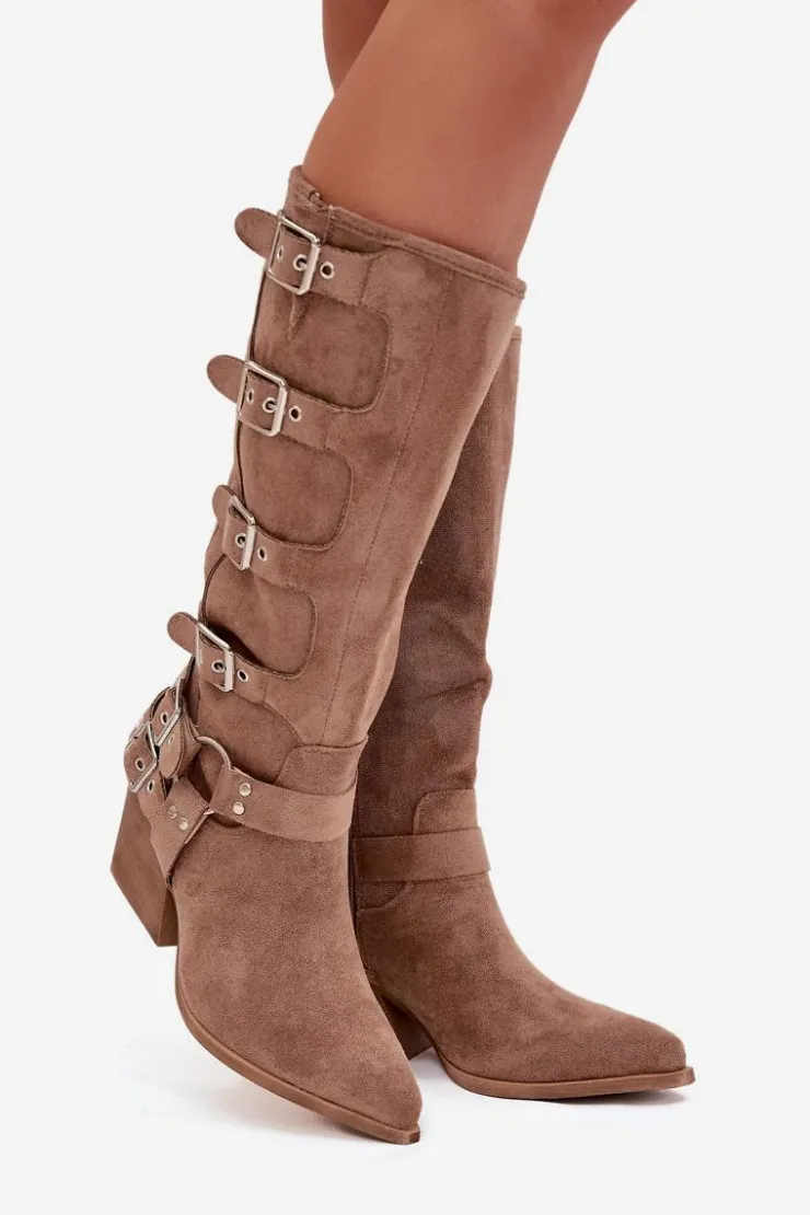 Boto Kozaki Na Słupku|Kozaki Przed Kolano*Kozaki Kowbojki Na Słupku Z Klamrami Ciemnobeżowe Fivelle Beżowy