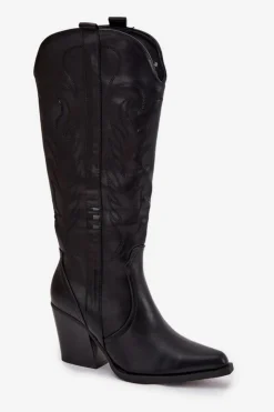 Hot Boto Kozaki Kowbojki Na Słupku Eko Skórzane Ocieplane Czarne Zareen
