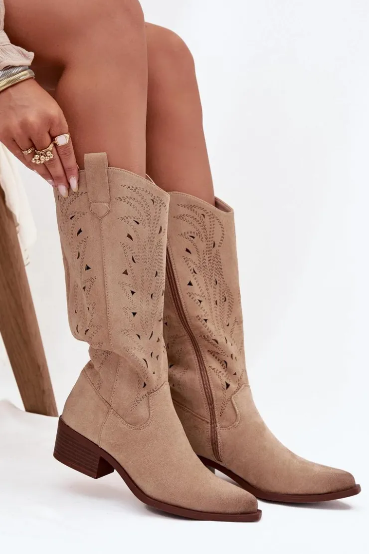 Boto Kozaki Ocieplane|Kozaki Ażurowe*Kozaki Kowbojki Z Ażurowym Wzorem Na Niskim Obcasie Beżowe Selirae