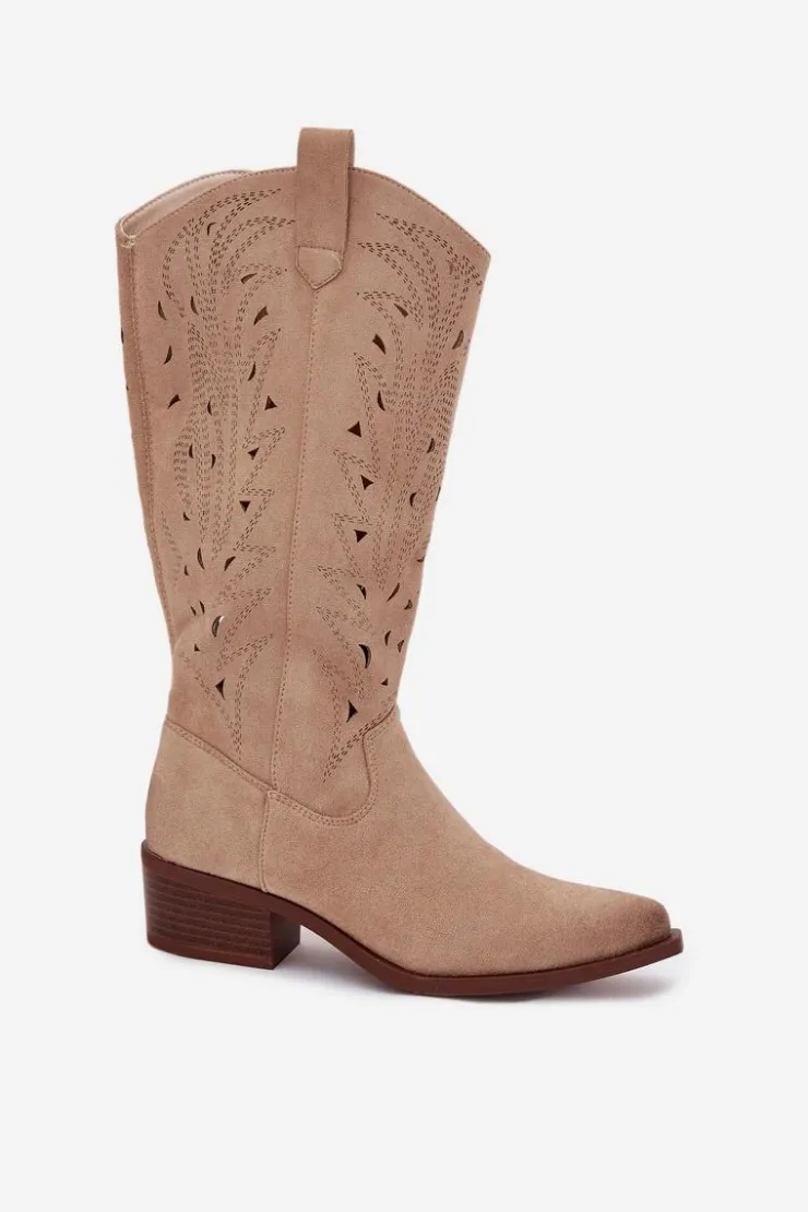 Boto Kozaki Ocieplane|Kozaki Ażurowe*Kozaki Kowbojki Z Ażurowym Wzorem Na Niskim Obcasie Beżowe Selirae
