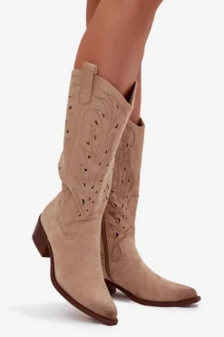 Boto Kozaki Ocieplane|Kozaki Ażurowe*Kozaki Kowbojki Z Ażurowym Wzorem Na Niskim Obcasie Beżowe Selirae