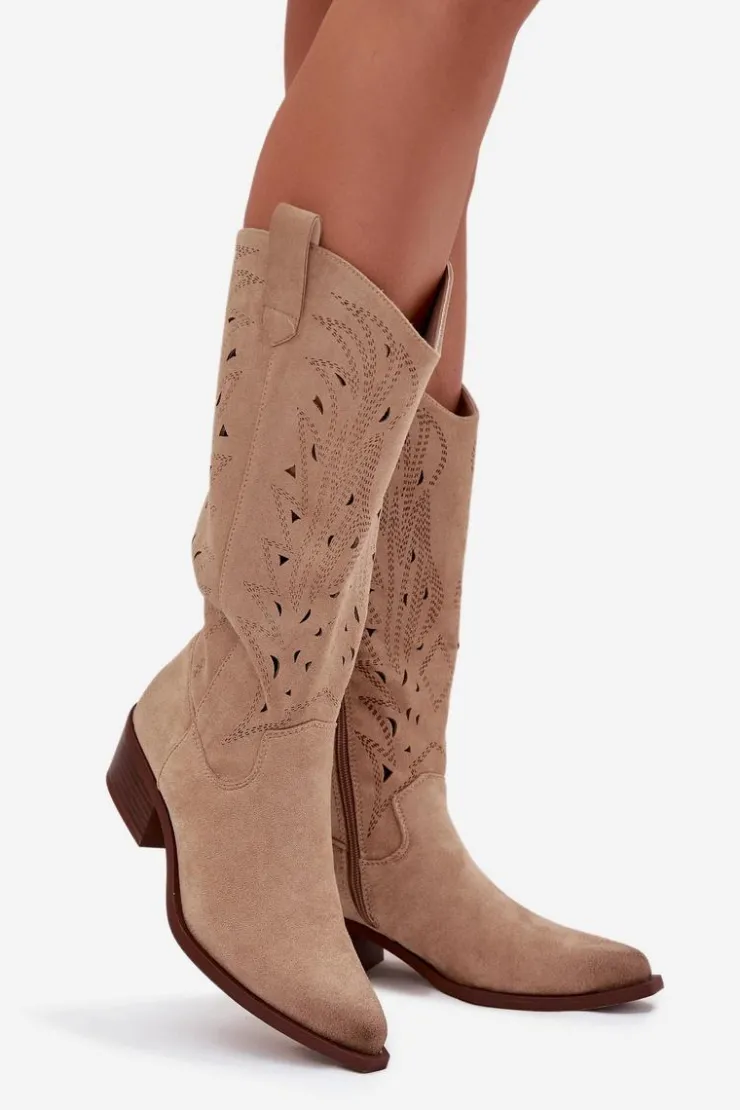 Boto Kozaki Ocieplane|Kozaki Ażurowe*Kozaki Kowbojki Z Ażurowym Wzorem Na Niskim Obcasie Beżowe Selirae