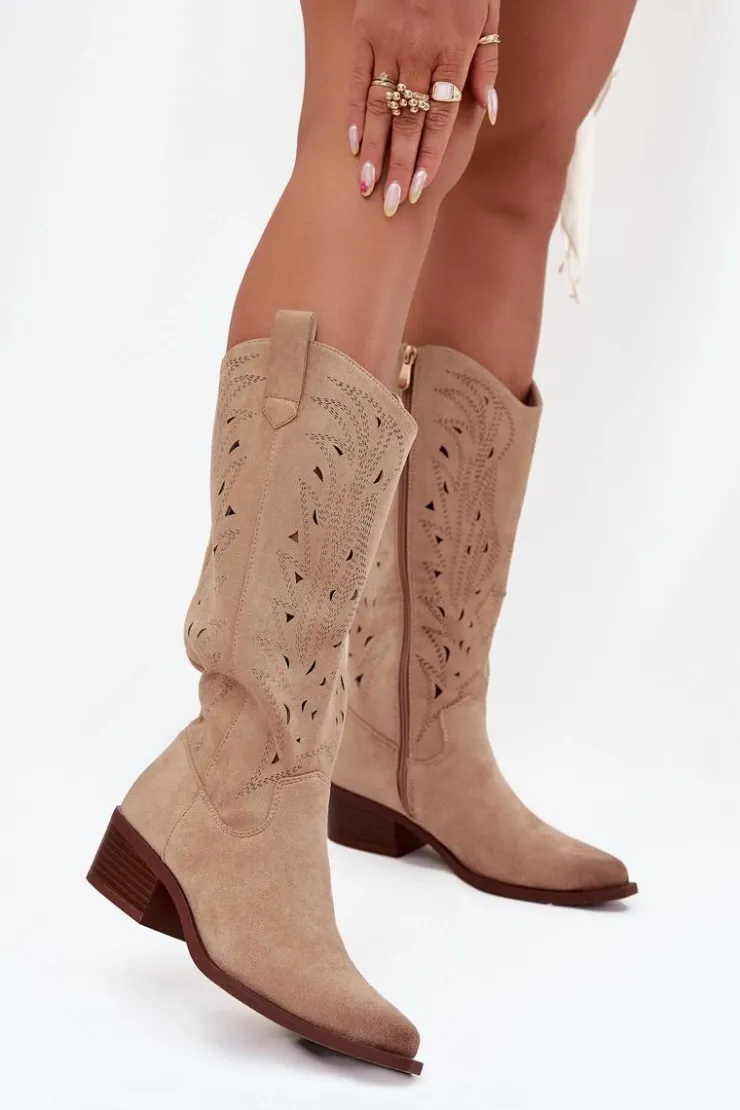 Boto Kozaki Ocieplane|Kozaki Ażurowe*Kozaki Kowbojki Z Ażurowym Wzorem Na Niskim Obcasie Beżowe Selirae
