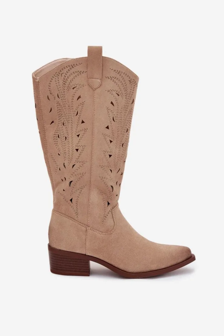 Boto Kozaki Ocieplane|Kozaki Ażurowe*Kozaki Kowbojki Z Ażurowym Wzorem Na Niskim Obcasie Beżowe Selirae