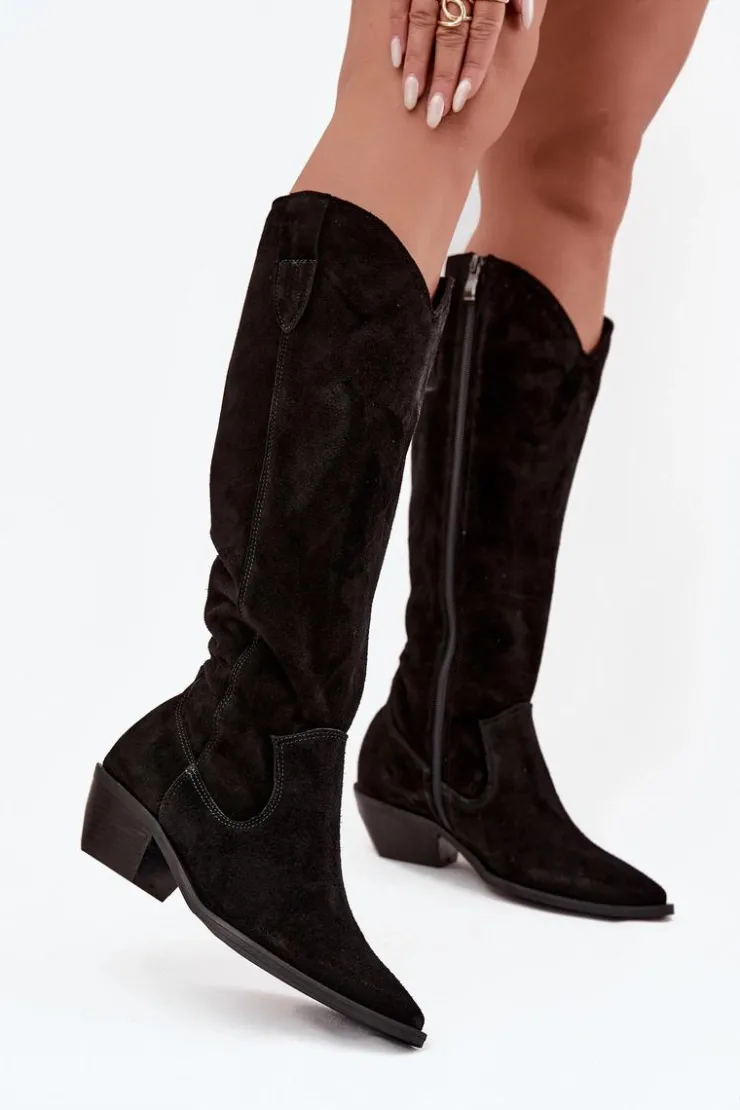 Damskie Zazoo Kozaki Kowbojki Z Naturalnego Zamszu Ocieplane 4225 Czarne