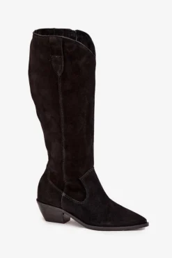 Damskie Zazoo Kozaki Kowbojki Z Naturalnego Zamszu Ocieplane 4225 Czarne