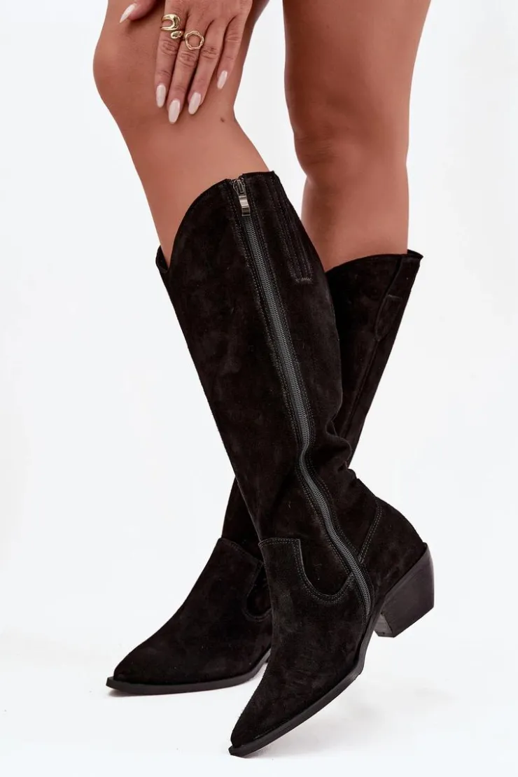 Damskie Zazoo Kozaki Kowbojki Z Naturalnego Zamszu Ocieplane 4225 Czarne