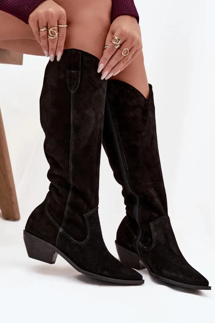 Damskie Zazoo Kozaki Kowbojki Z Naturalnego Zamszu Ocieplane 4225 Czarne