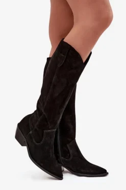 Damskie Zazoo Kozaki Kowbojki Z Naturalnego Zamszu Ocieplane 4225 Czarne