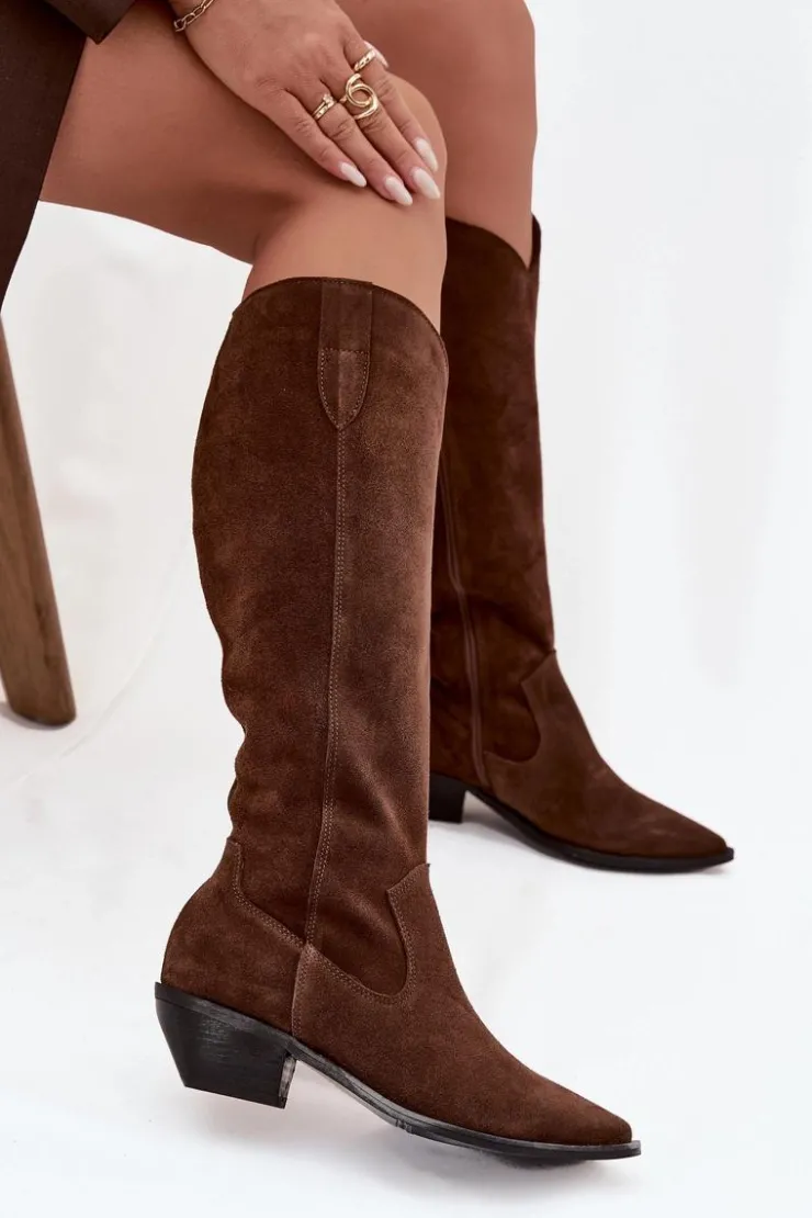 Zazoo Kozaki Ocieplane|Kozaki Wiosenne*Kozaki Kowbojki Z Naturalnego Zamszu Ocieplane 4225 Brązowe Brązowy