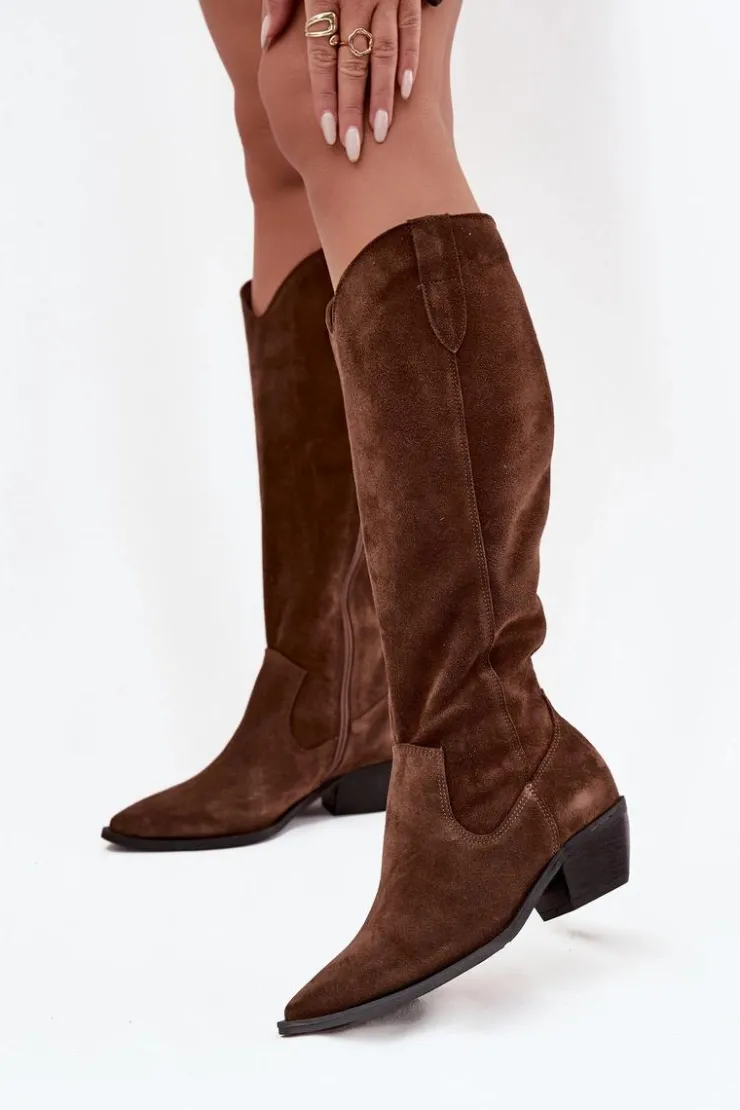 Zazoo Kozaki Ocieplane|Kozaki Wiosenne*Kozaki Kowbojki Z Naturalnego Zamszu Ocieplane 4225 Brązowe Brązowy