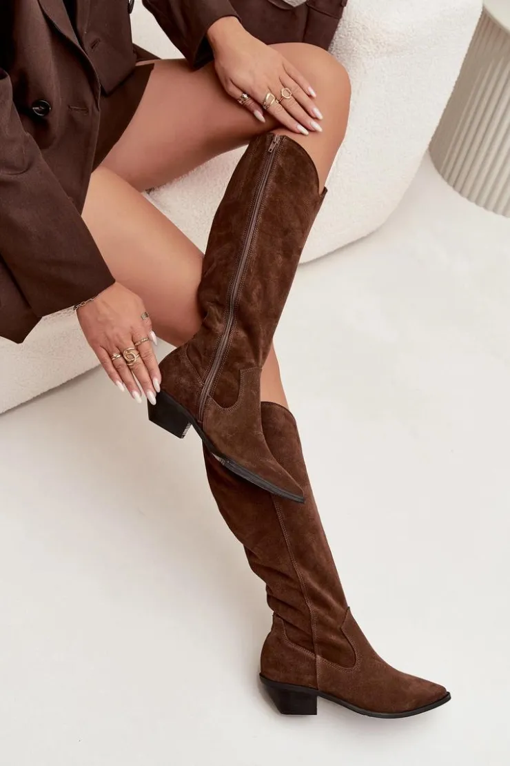 Zazoo Kozaki Ocieplane|Kozaki Wiosenne*Kozaki Kowbojki Z Naturalnego Zamszu Ocieplane 4225 Brązowe Brązowy