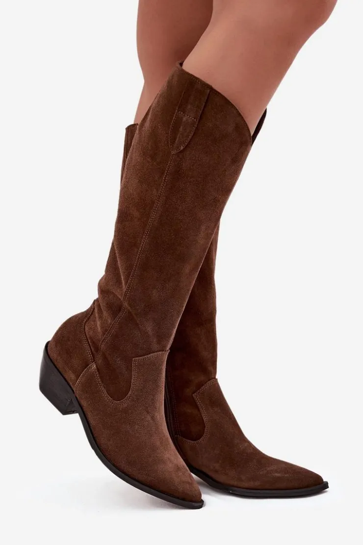 Zazoo Kozaki Ocieplane|Kozaki Wiosenne*Kozaki Kowbojki Z Naturalnego Zamszu Ocieplane 4225 Brązowe Brązowy