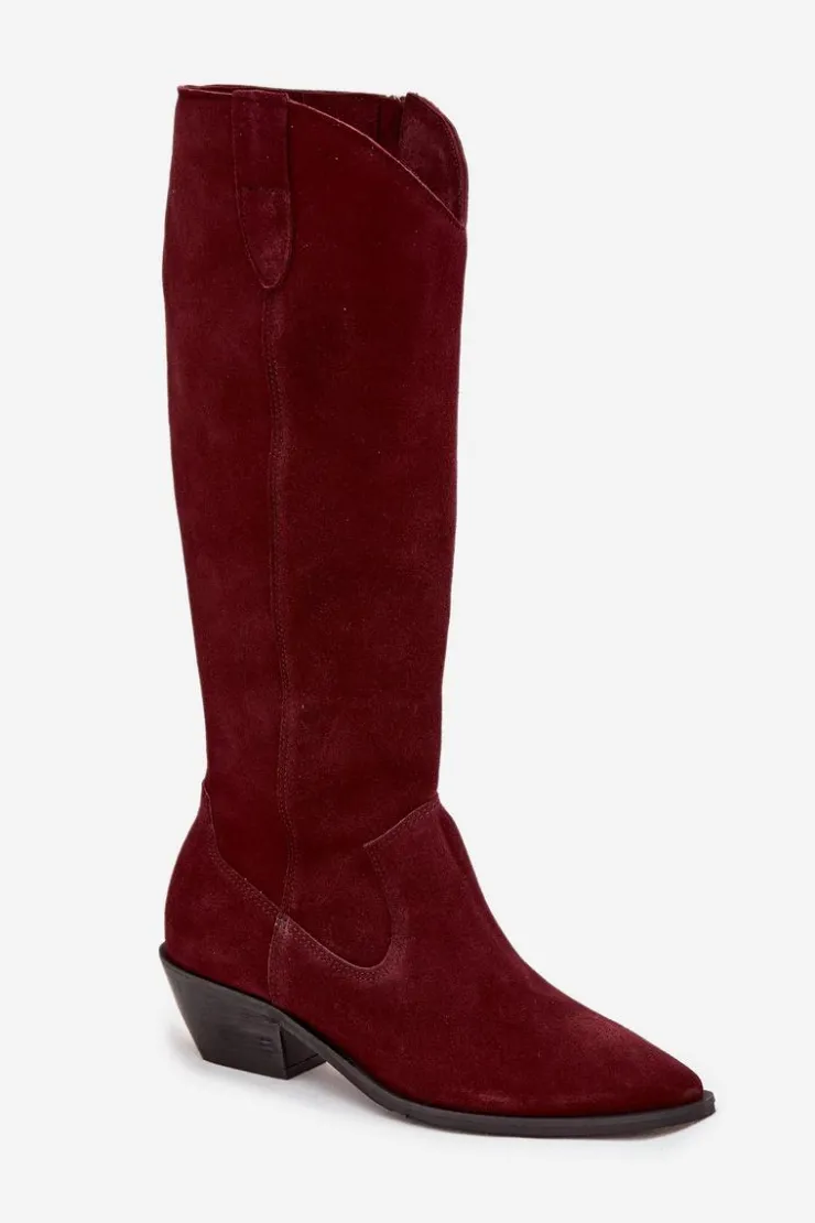 New Zazoo Kozaki Kowbojki Z Naturalnego Zamszu Ocieplane 4225 Bordowe Czerwony