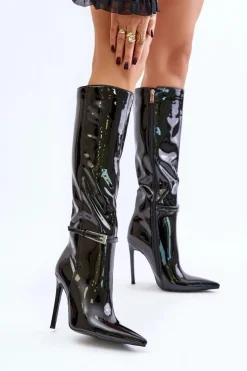 Boto Kozaki Ocieplane|Kozaki Na Szpilce*Kozaki Lakierowane Ocieplane Na Szpilce Z Klamrą Czarne Tameliae