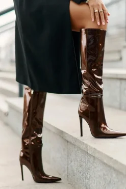 Damskie Boto Kozaki Lakierowane Ocieplane Na Szpilce Z Klamrą Brązowe Tameliae