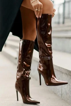 Damskie Boto Kozaki Lakierowane Ocieplane Na Szpilce Z Klamrą Brązowe Tameliae