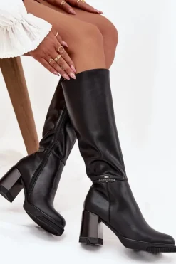 Hot Buty damskie Vinceza Kozaki Muszkieterki Damskie Z Naturalnej Skóry Na Słupku Ocieplane Vinceza 66826 Czarne