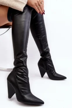 Damskie Boto Kozaki Na Obcasie EkoSkóra Lu Boo Czarne