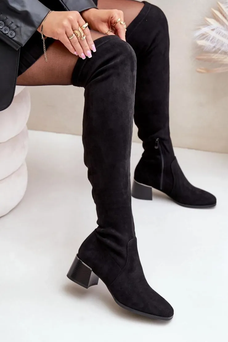 Sale Boto Kozaki Na Obcasie Klocku Za Kolano Z Eko Zamszu Czarne Galadi